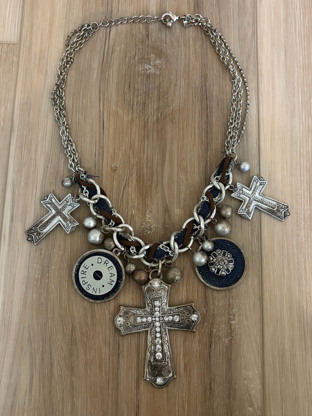 Vintage Multi Stranded Mixed Media Cross Charm Statement Necklace